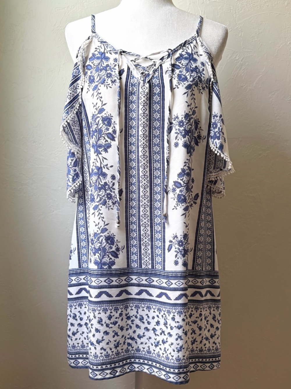 Trixxi Blue White Floral Cold Shoulder Mini Dress Lace Up Boho Large